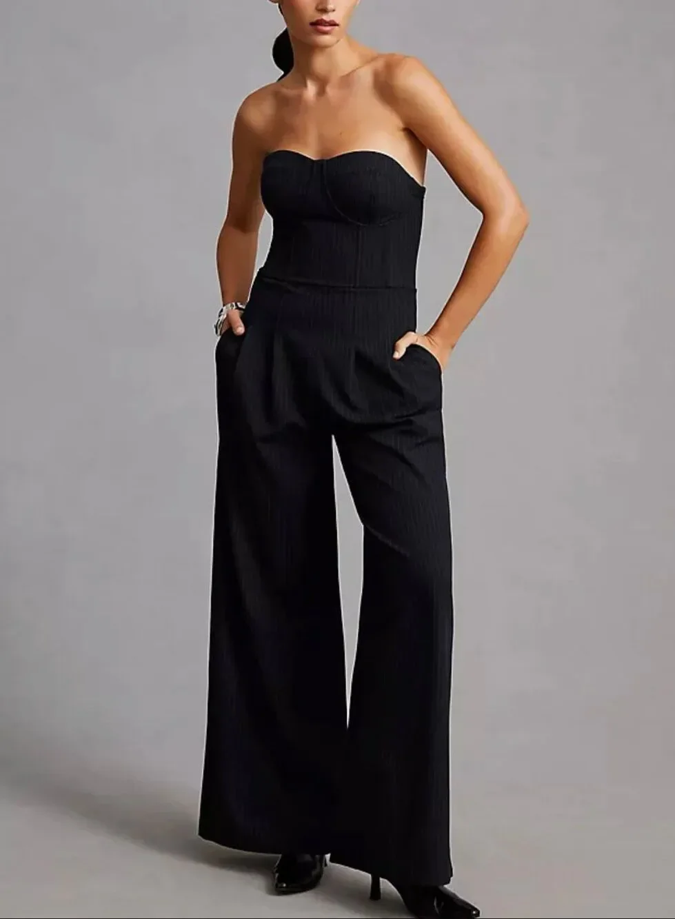 Anthropologie Dark Navy White Tailored Wide Leg Corset Pinstripe Jumpsuit Size 2